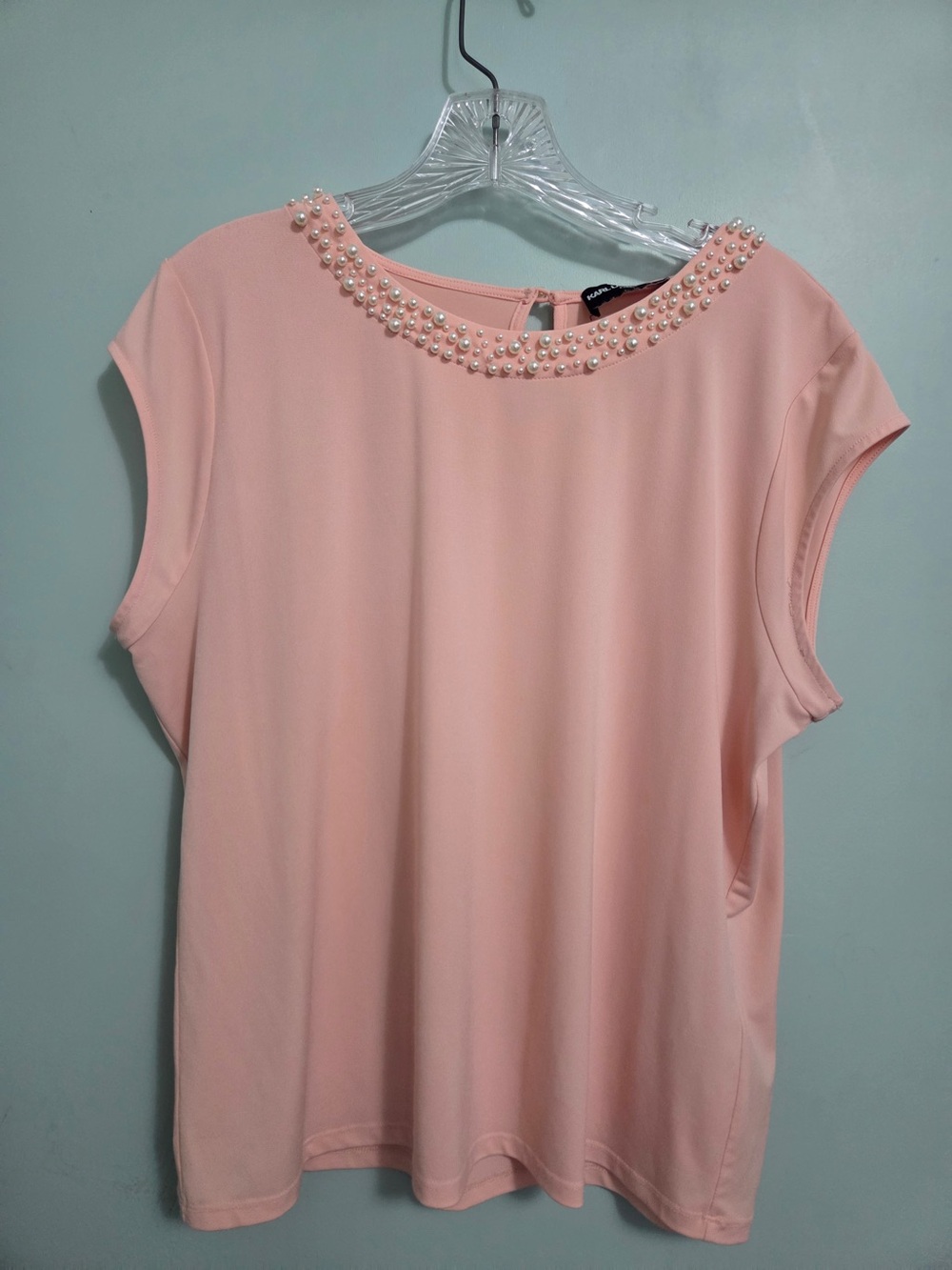 Karl Lagerfeld Pink Pearl-Embellished Cap Sleeve Top